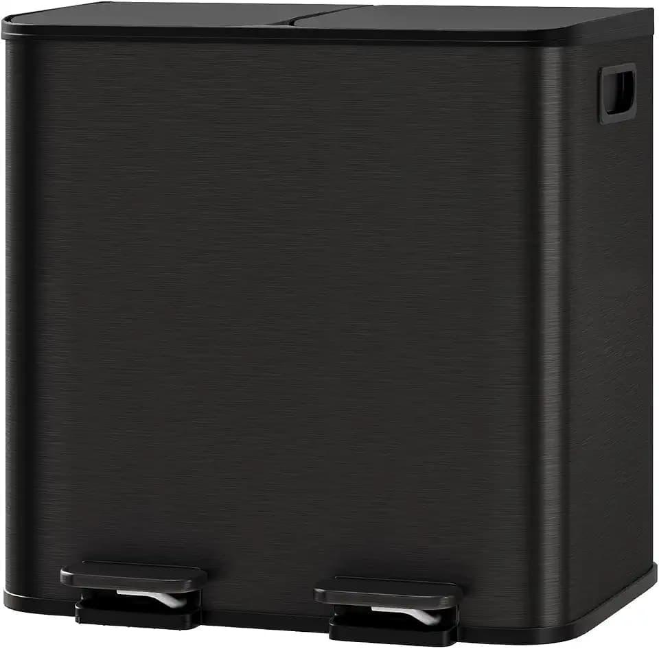 Takywep Dual Compartment Kitchen Trash Can 15L x 2, Stainless Steel Double Garbage Cans for Kitchen, Step Recycle Bin Combo with Soft-Close Lid, Black