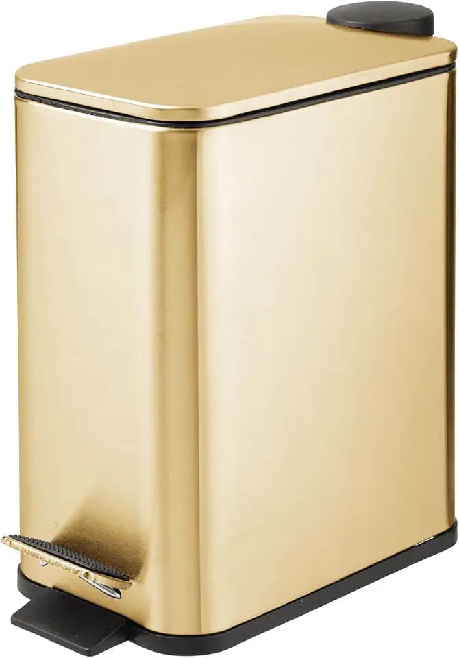 mDesign 1.3 Gallon Rectangular Slim Metal Trash Can w/ Foot Pedal, Easy-Close Lid, Narrow Wastebasket, Garbage Container Bin - Bathroom, Bedroom, Kitchen, Home Office, Removable Liner- Soft Brass