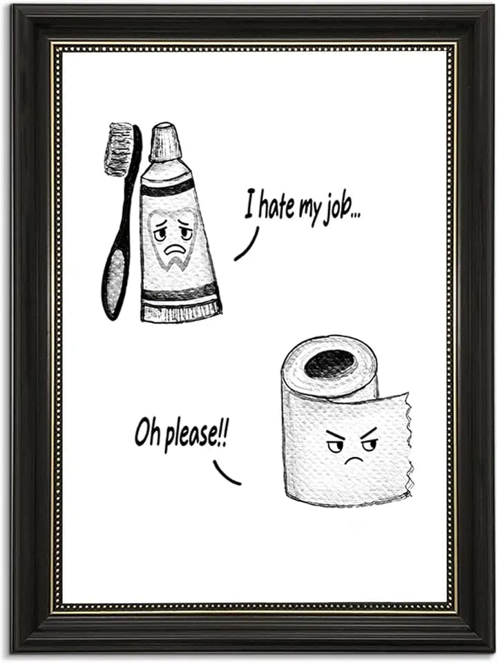 NDEINALF Funny Bathroom Wall Art, Framed Black and White Canvas Print with Toothpaste, Toothbrush and Toilet Paper Cartoon, Humorous Restroom Decor, 12x16 Inch