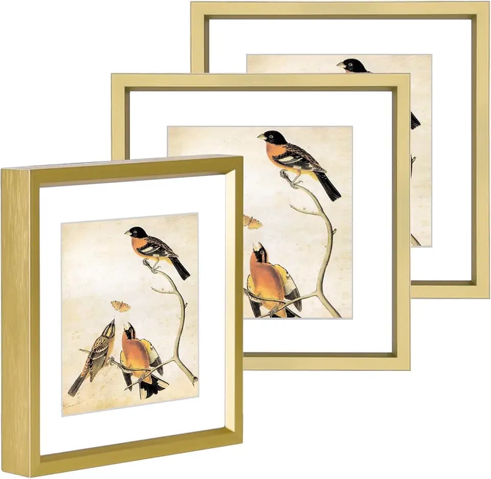 BKABOT 4x4 Brass Metal Photo frames 3 Pack HD Glass Mat 3x3 Wall Table