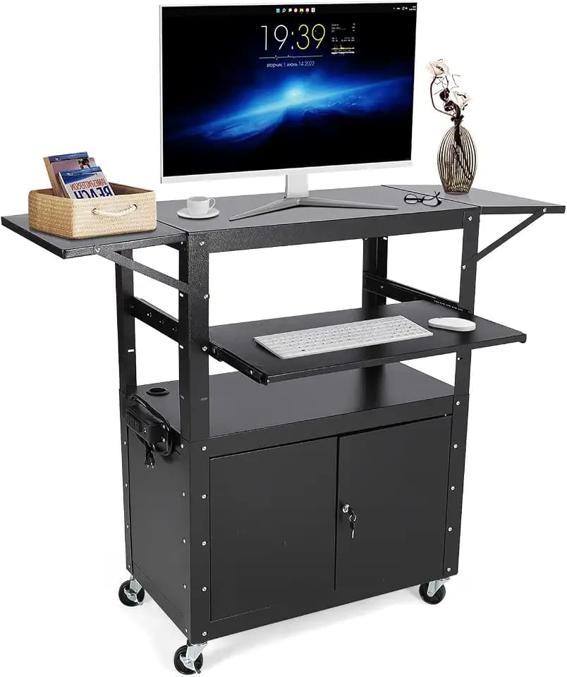 Adjustable Height Rolling AV Cart with Locking Cabinet – Mobile Utility Cart with Pullout Keyboard Tray, Power Outlet, Extra Storage, Extension Bracket, US Standard Socket