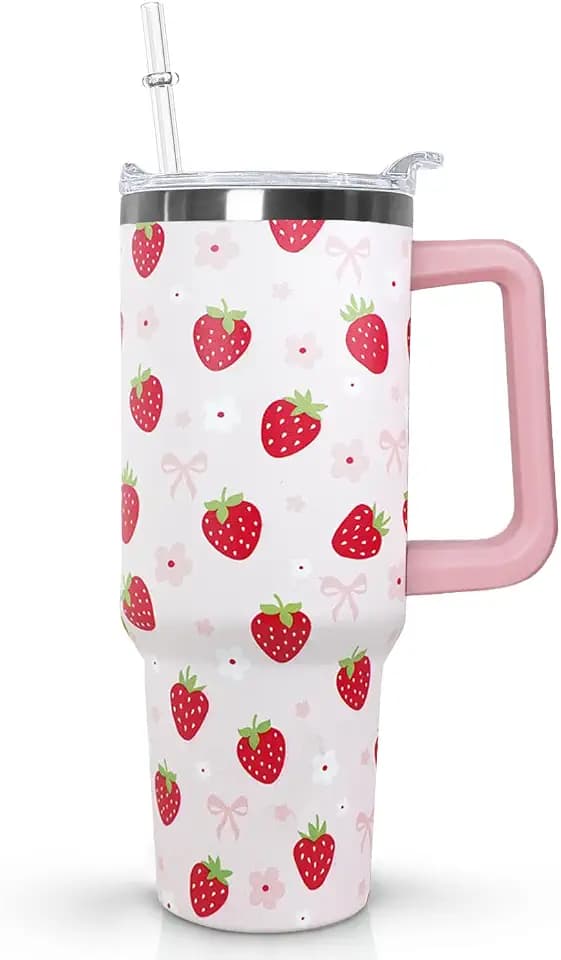 30 oz Pink Strawberry Bow Travel Coffee Cup Water Bottle Insulated Stainless Tumbler with Handle Strar,Strawberry Stuff Decor Accessories