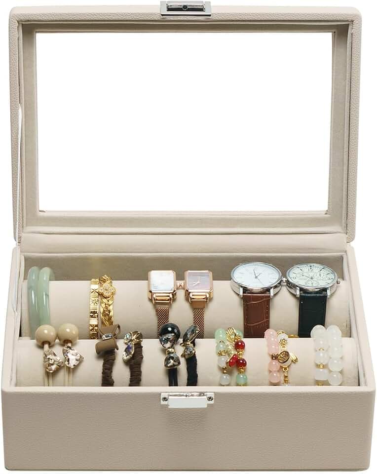 Bracelets Organizers Display Holder Case for Women, 2 Rods Apricot Leather