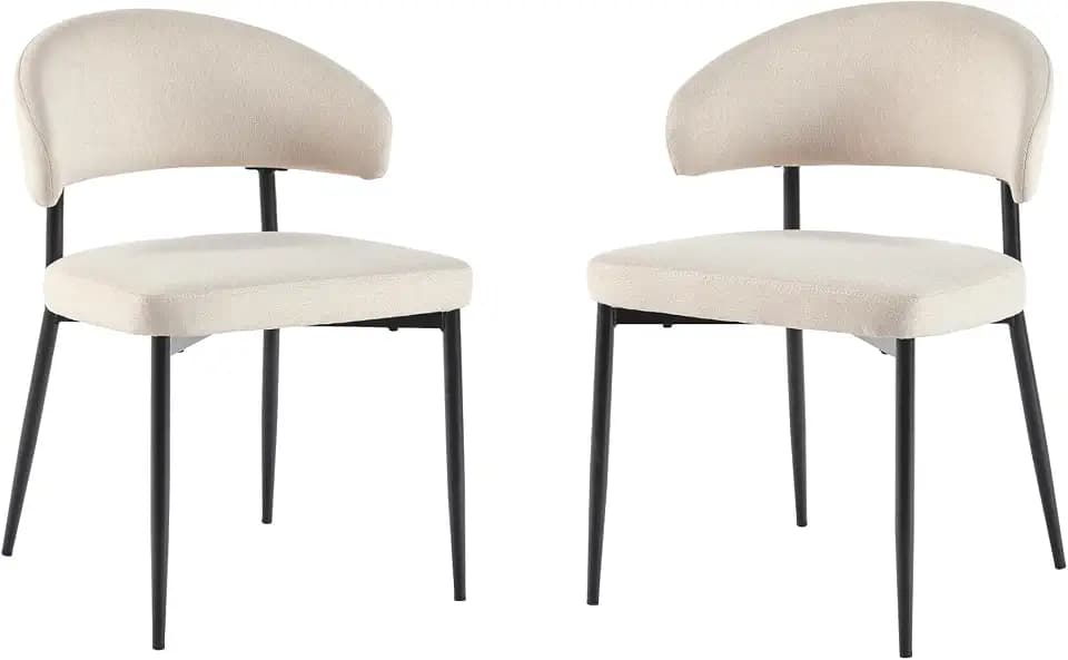 Walker Edison Modern Curved Back Upholstered Dining Chair with High-Performance Woven Upholstery and Powder Coated Steel Base, 2pk, Ivory