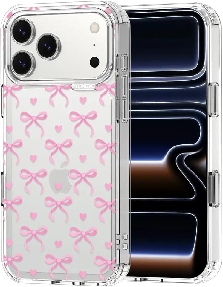 MOSNOVO for iPhone 17 Pro Max Case | Military Grade 6.6ft Drop Tested | Camera Control | Clear with Bowtiful Love Design