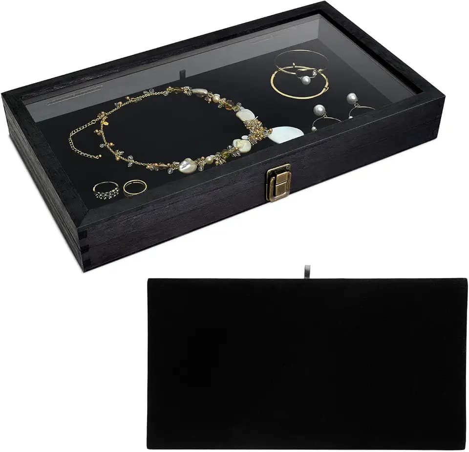 MOOCA Wooden Jewelry Display Case, Pocket Knife Display Case with Tempered Glass Top Lid and Removable Black Luxurious MDF Velvet Jewelry Pad, Black Color