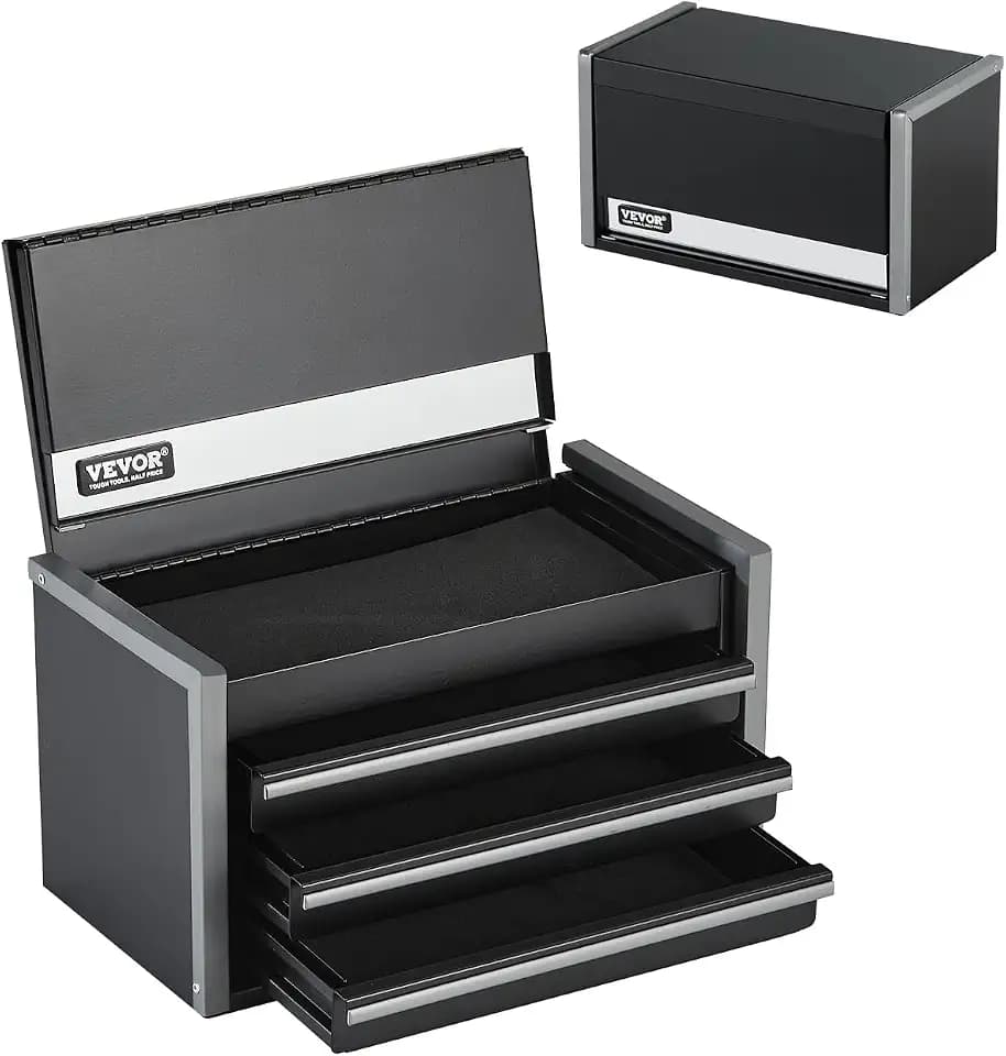 VEVOR Metal Tool Box, 8.6-inch, Portable Metal Tool Box with 3 Drawers, Small Tool Chest with EVA Liners and PP Feet Pads, Heavy-Duty Steel With Ball Bearing Opening and Powder Coated Finish, Black
