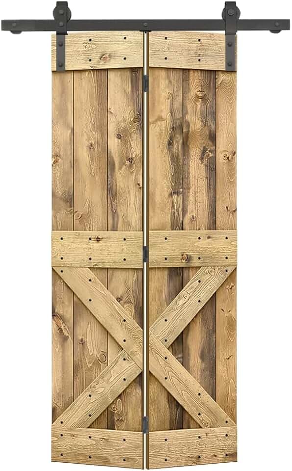 20 in. x 84 in. Mini X Series Weather Oak Stained DIY Wood Bi-Fold Barn Door with Sliding Hardware Kit