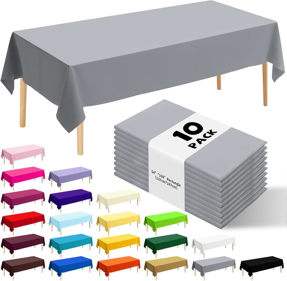 10 Pack Silver Grey Plastic Table Cloth 54x108 Inch Disposable Waterproof Rectangle Tablecloth for Party Birthday Wedding Picnic Outdoor