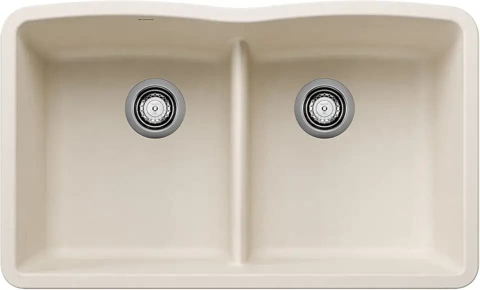 BLANCO 443069 Diamond Silgranit 50/50 Double Bowl Undermount Kitchen Sink with Low Divide, 32" L X 19.36" W - Soft White