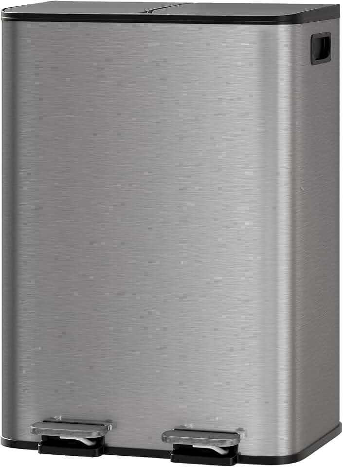 Garvee Trash Can, 2 x 8 gal (2 x 30 L) Garbage Can for Kitchen Dual Compartment Recycling Kitchen Step Trash Bin, Stainless Steel Trash and Recycle Bin Combo with Soft-Close Lid,Matte Grey