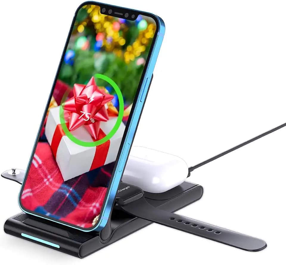MMOBIEL Wireless Charger Ladestation für iPhone, Apple Watch, AirPods - Weihnachtsgeschenke für Männer Frauen - Faltbares 3-in-1 Induktives Ladegerät für Qi Magsafe - Wireless Charging Stand - Schwarz