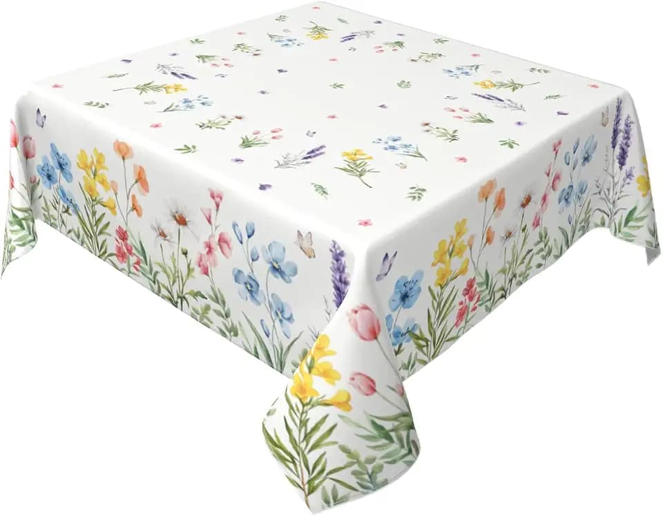 Spring Floral Tablecloth Square 60x60 Inch Green Pink Blue Yellow White Flower Leaves Wildflower Summer Decorative Table Cloth Seasonal Farmhouse for Indoor Party Kitchen Dinner Picnic Decor