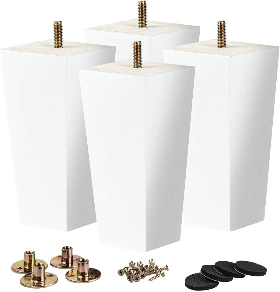 La Vane 4 inch Solid Wood Furniture Legs Set of 4 – Square Pyramid White Replacement Feet for Couch, Sofa, DIY Repair & Restoration with Pre-Drilled 5/16'' Bolt & Hardware, Mid-Century Modern Style