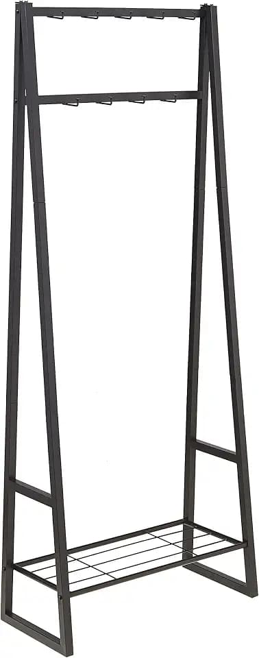 Amazon Basics 9 Hooks Coat Rack, Freestanding Entryway Shoe Bench with Metal 1-Tier Storage Shelf, Space Saving for Hallway and Bedroom, 13" D x 27.6" W x 69" H, Black