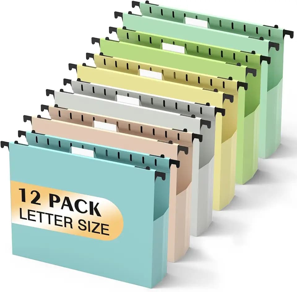 SHUTEX Extra Capacity Plastic Hanging File Folders,12 Pack Reinforced Hang Folder,Heavy Duty 2 Inch Expansion,Filing Cabinet Folders Letter Size for Bulk Files/Medical Charts (Morandi Colors)