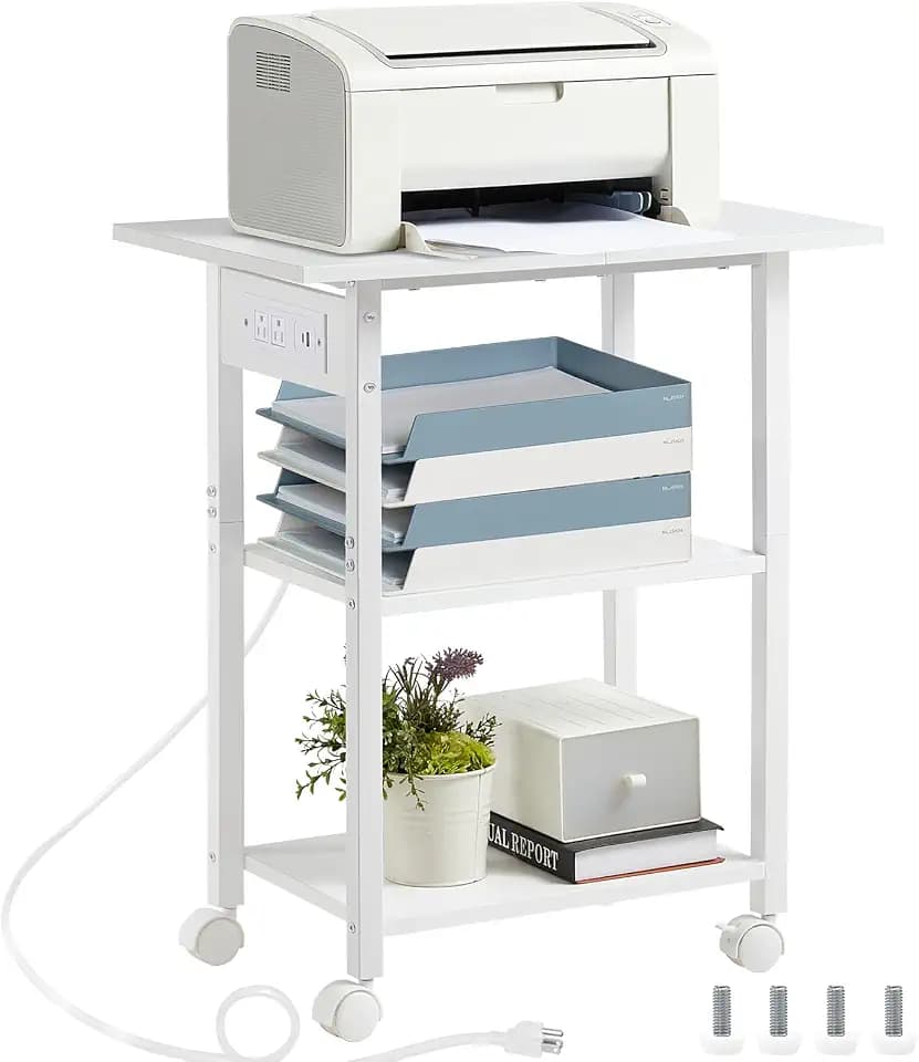 Lerliuo 3-Tier Printer Stand with Charging Station, Rolling Printer Table