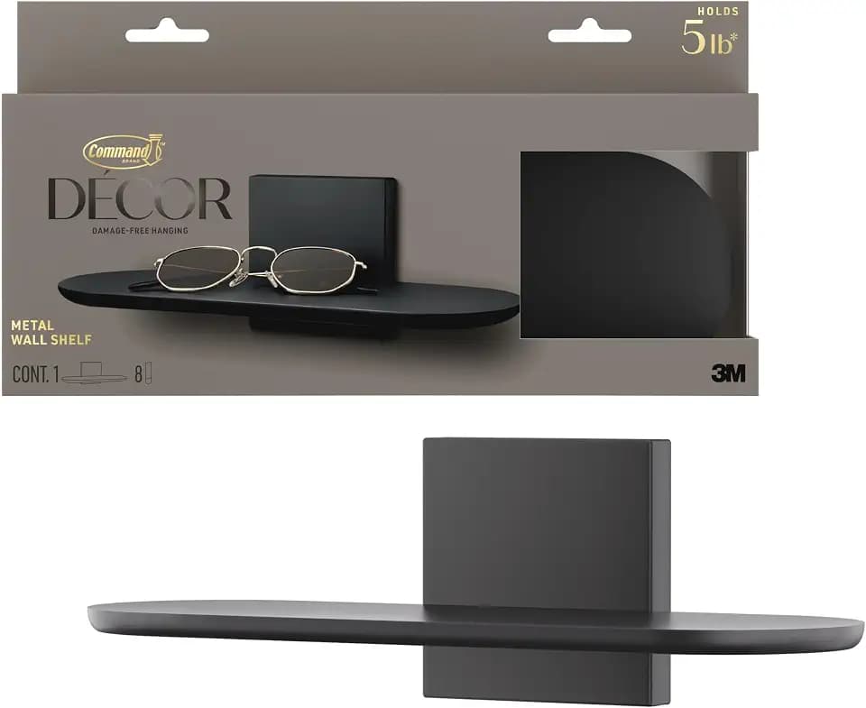 Command Decor Metal Wall Shelf, Matte Black, 1 Shelf, 8 Large Strips