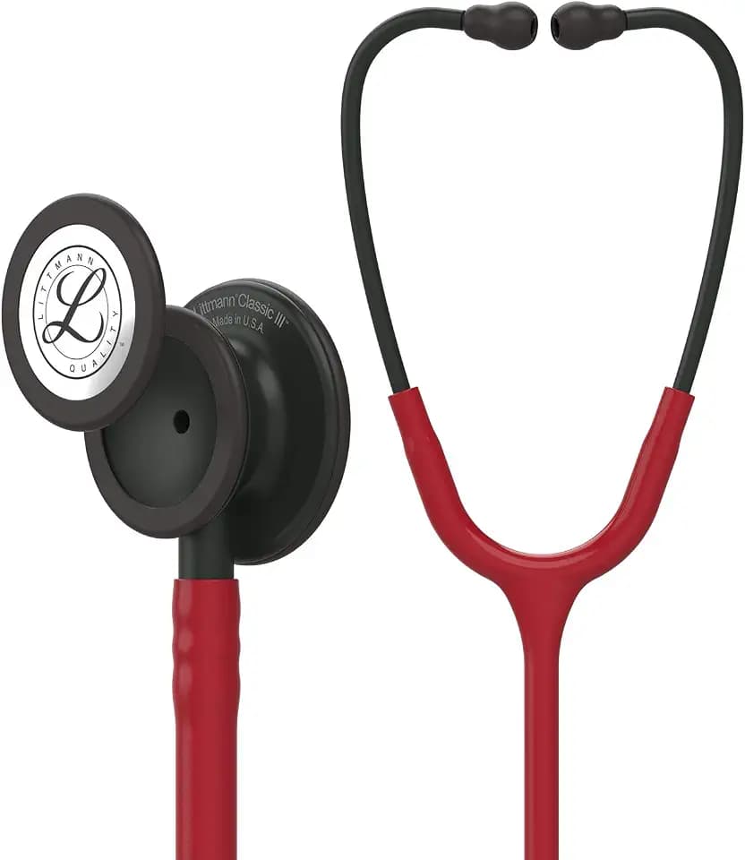 3M Littmann Classic III Monitoring Stethoscope, 5868, More Than 2X as Loud, Weighs Less, Stainless Steel Black-Finish Chestpiece, 27" Burgundy Tube, Black Stem and Headset