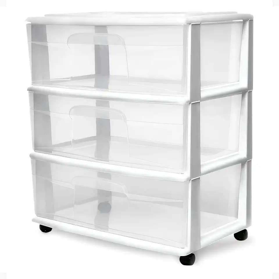 HOMZ Drawer Tower, 3-Tier Storage Cart with Removable Wheels, White Frame