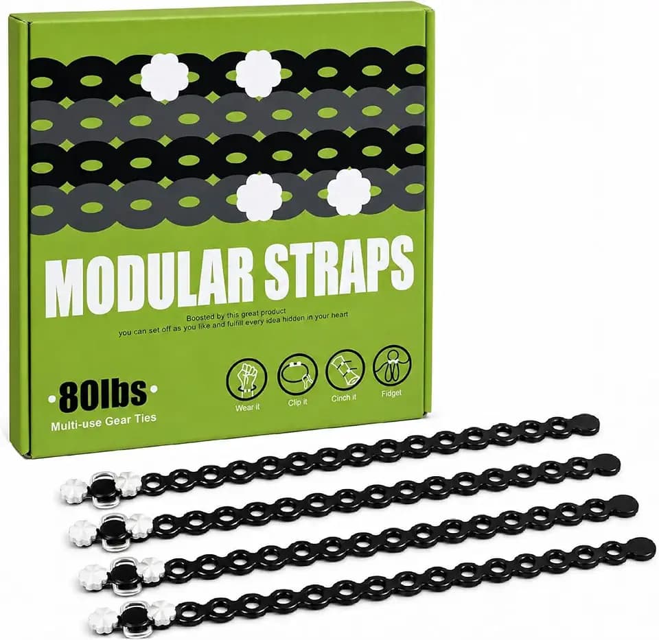 4 PC Modular Straps,Flexible Multi-Tool,80 Pound Load,18" lengths,Gear Strap,Reusable Multitool Utility Gear Ties for Camping,Outdoor Adventure,Luggage,Tool Organization,Travel,EDC(Black)