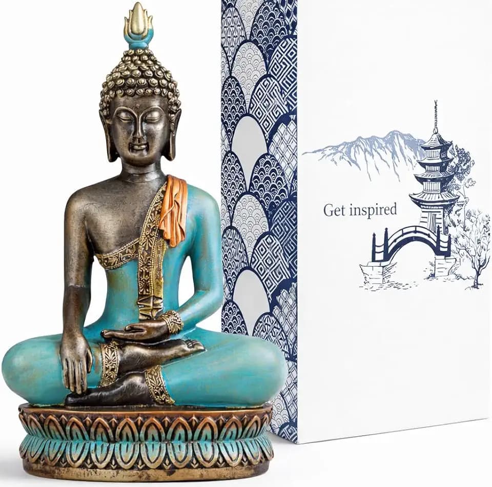 Large 12.5-Inch Polyresin Buddha Statue, Hand-Painted Turquoise & Gold