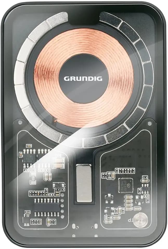 Grundig Drahtlos Power Bank Transparent 5000mAh – Externe Batterie USB-C EIN- und Ausgang – Kabelloses Laden – MagSafe-kompatibel für iPhone 12 und höher – Kompakt – Inklusive Typ-C Kabel