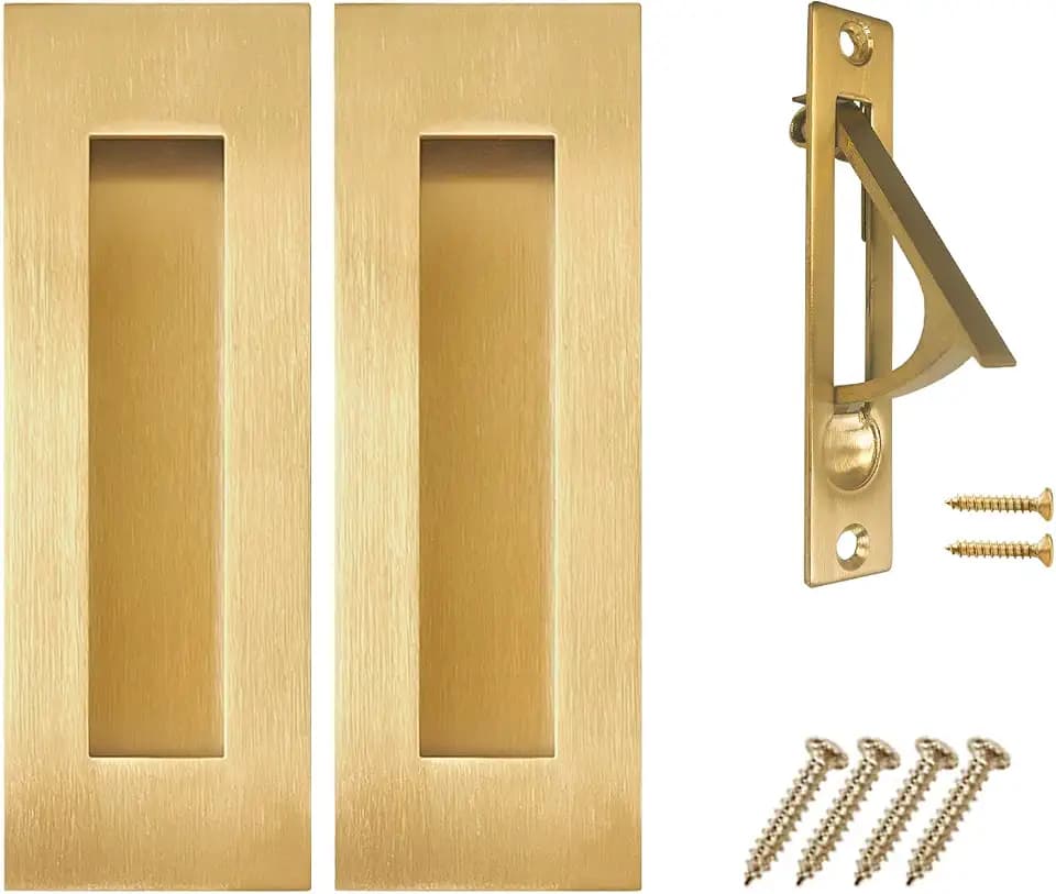 Pocket Door Pull and Edge Pull Set Brushed Gold, 6Inch Handles Hardware Latch,Recessed Finger Flush Pulls,for Closet,Sliding,Barn Door
