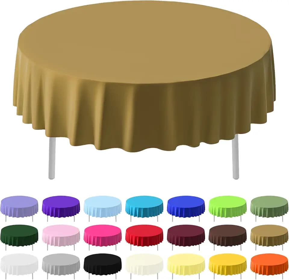 12 Pack Gold Plastic Tablecloth 84 Inch Round Disposable Table Cloth, Waterproof Leakproof Table Cover for Wedding, Anniversary & Holiday Party