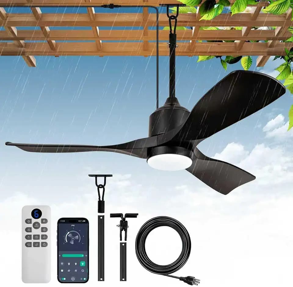 42 In Outdoor Ceiling Fan with Light,IP65 Waterproof Gazebo Hanging Fan with Remote Control and Smart App,6 Speed, 3CCT, Black Wet Rated Plug,DC Motor for Patios Porch Pergola, Black