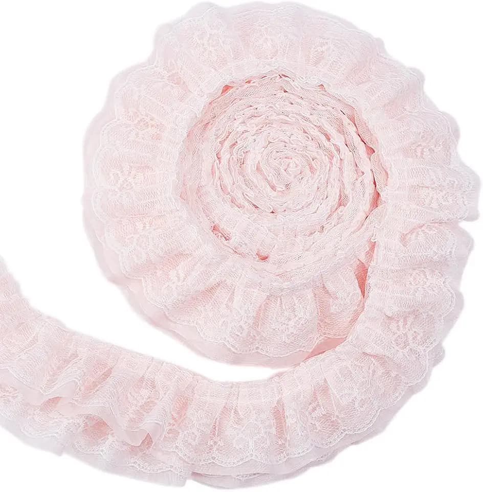 BENECREAT 2.5 Yards 3-Layer Ruffle Lace Pleated Trim, 3-5/8 inch Wide Chiffon Flower Trim Gathered Ribbon for Wedding Applique Clothing Sewing Craft DIY Decor, Pink