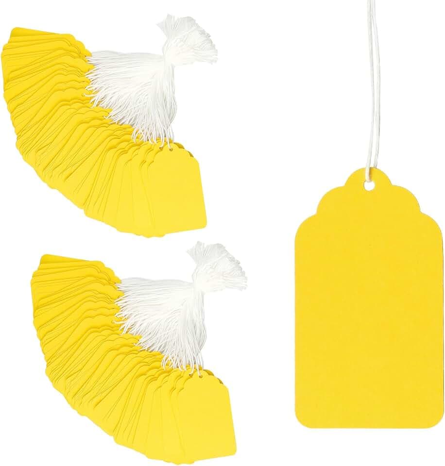 QWORK Price Tags, 1000 Pcs Yellow Paper Gift Tags with String, 2.76" x 1.69" Blank Marking Labels, Writable Merchandise Hang Tags