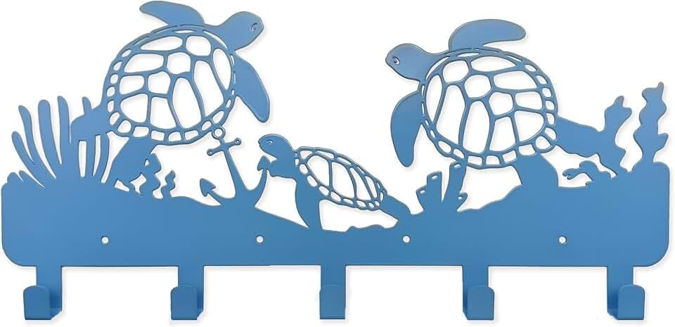 Sea Turtle Coat Hooks Key Holder for Wall Metal Sea Animal Wall Art Beach Theme Decor for Home Living Room Bathroom Garden Patio Gift for Ocean Lovers, Blue