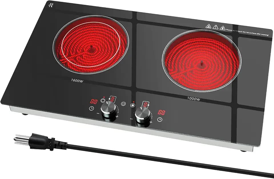 2 Burners Electric Cooktop 24 inch 1800W Knob Control, 110V-120V Plug in