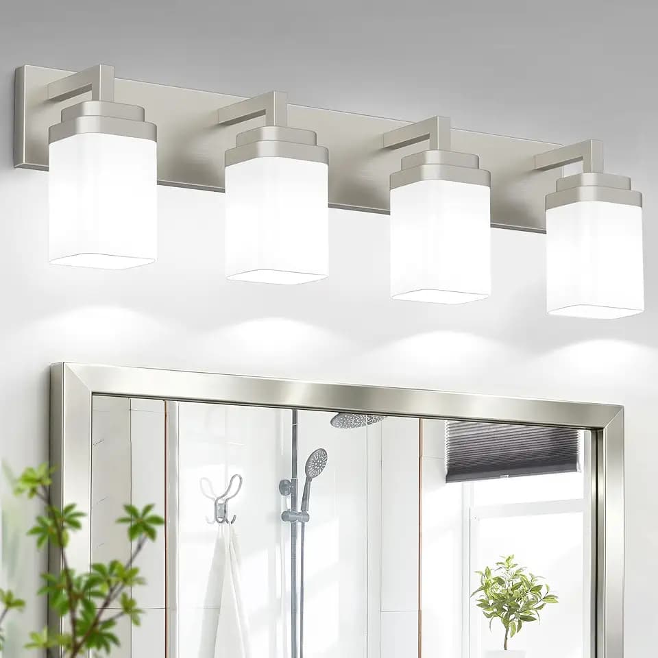 Brushed Nickel Bathroom Light Fixtures, Modern Vanity Lights with White Glass Lamp Shade, Bathroom Lighting Fixtures Over Mirror, Restroom Vanity Lighting Fixture, 4-Light 30 Inch