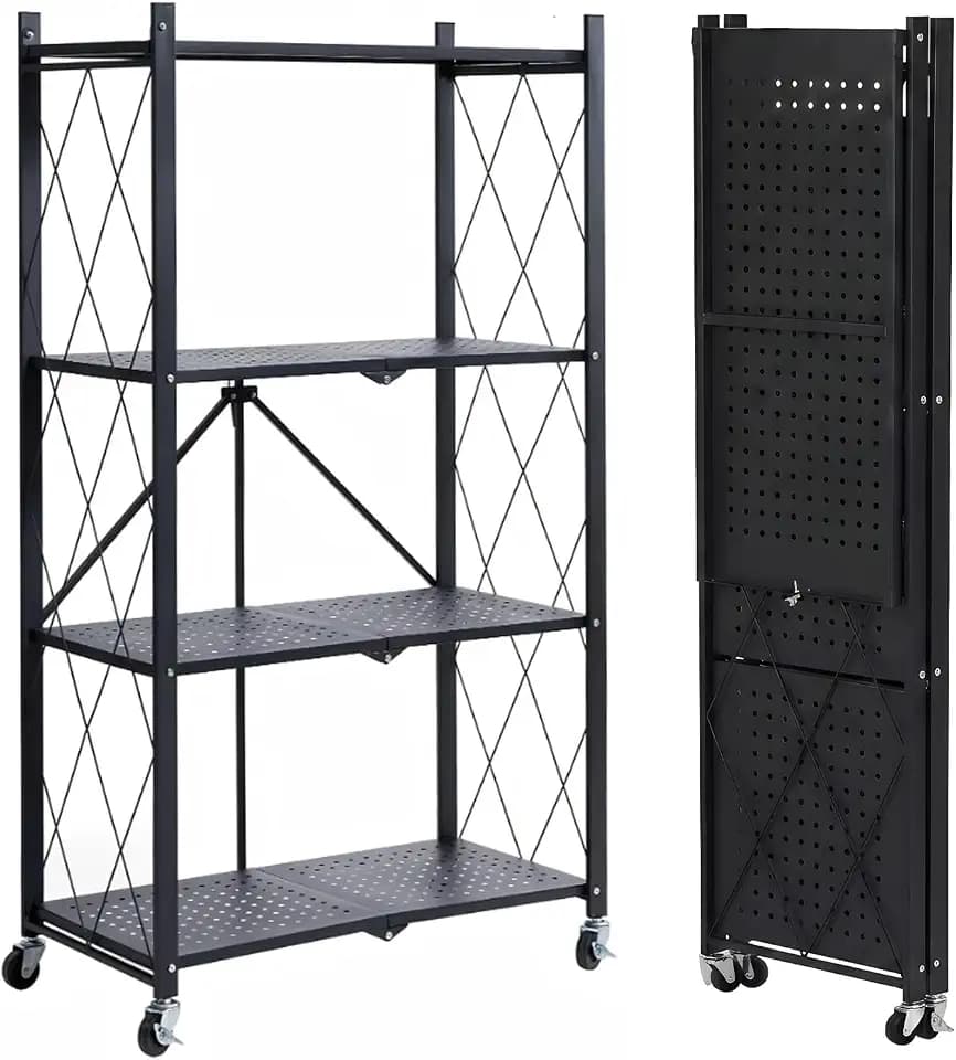 COKIHOM 4 Tier Foldable Storage Shelf, Large Capacity Metal Shelf Rack, Rolling Bookshelf with Wheels, Wire Shelf Organizer for Kitchen, Pantry, Office, Garage, Basement, Black