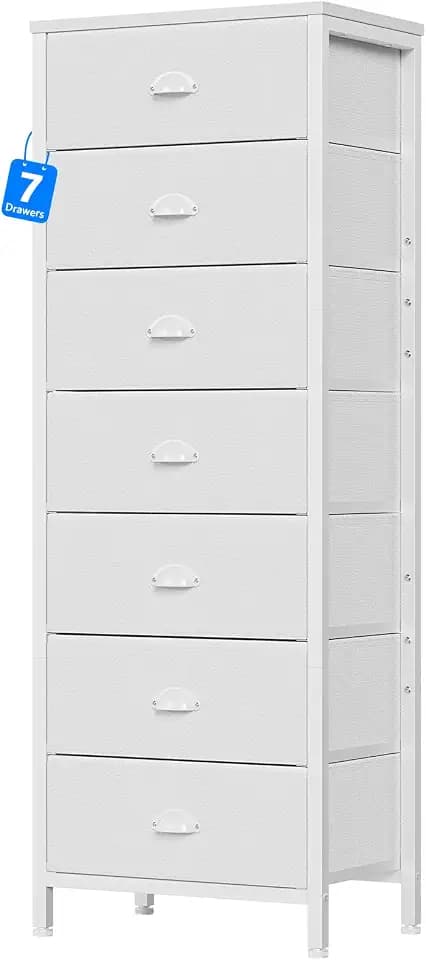 Furnulem White Tall Dresser for Bedroom, Chest of Drawer with Fabric Drawer