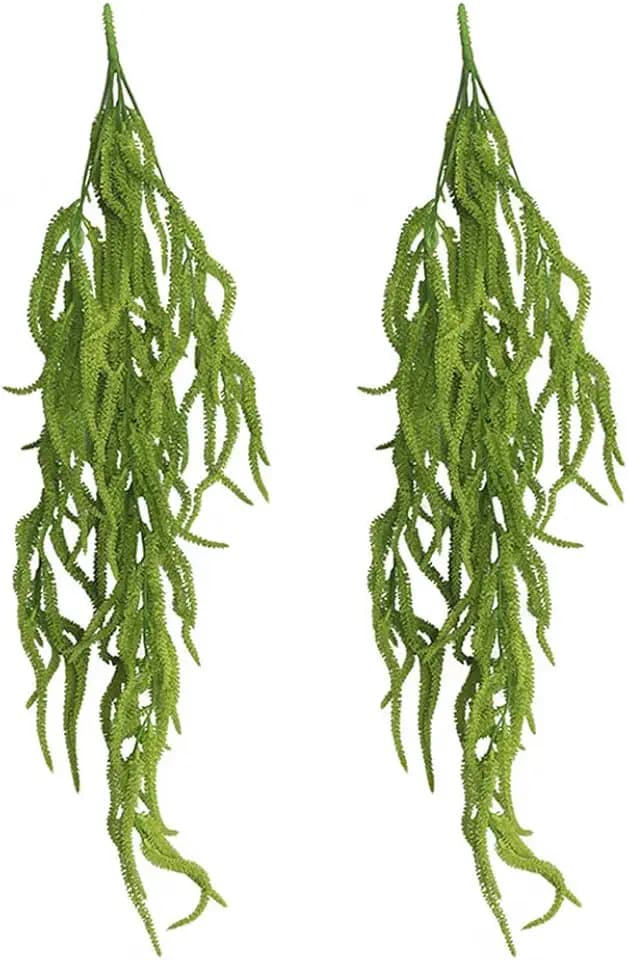2 Pack 32” Artificial Hanging Plants Faux String of Pearls Plant Fake Green Amaranthus Flower Wall Hanging Lover Tears Wedding Home Garden Decoration