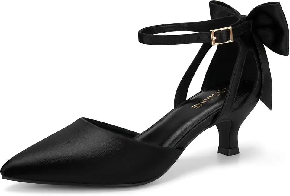 Carcuume Women's Kitten Heels with Bow Closed Toe Sandals Ankle Strap Wedding Pump Shoes