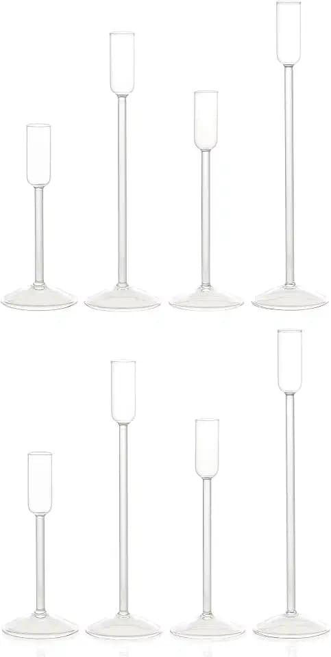 Willceka Candle Holder, Glass Taper Candle Tall Candlestick Holder, 4 Different Heights, for Table Centerpiece, Wedding, Party, Clear, 8pcs