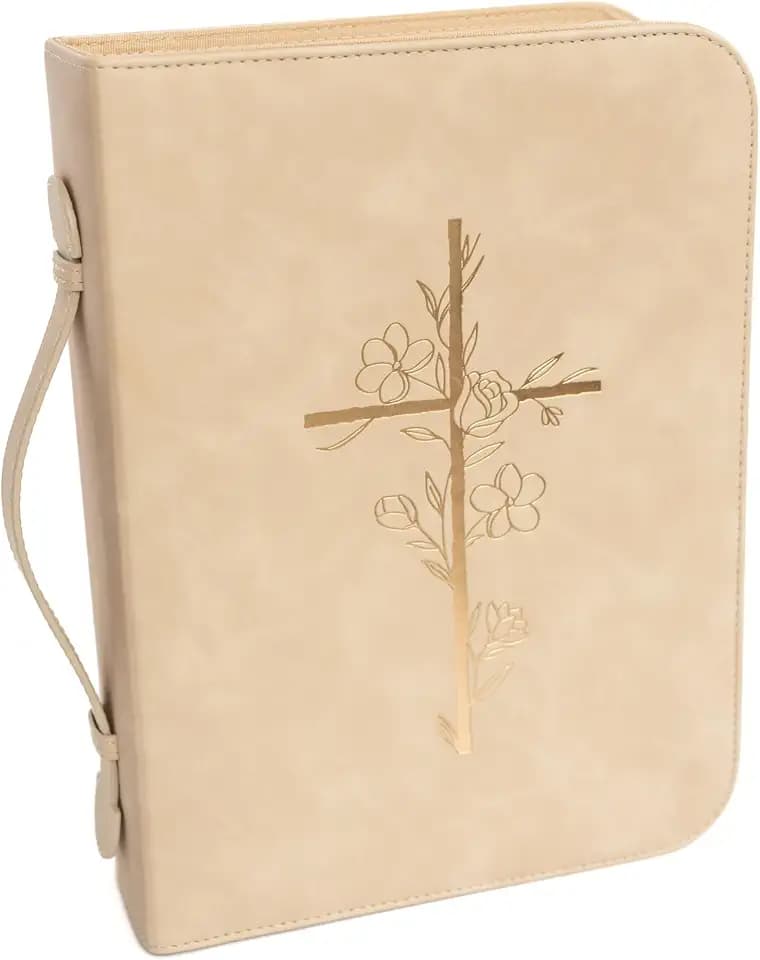 Bible Cover Case for Women – PU Leather Large Bible Case with Minimalist Debossed Design – Christian Bible Accessories for Girls & Women (Beige/Gold)