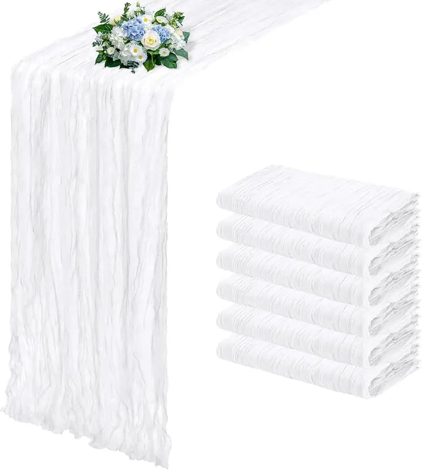 6 Pack White Cheesecloth Table Runner 17x108 Inch Semi Sheer Boho Gauze Cheese Cloth Fabric Table Runners, for Wedding Party Baby Shower Birthday Home Decor Garden Farmhouse