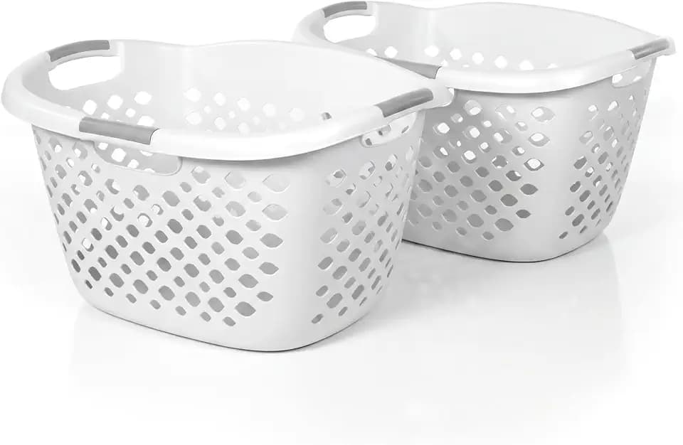 Home Logic 1.75 Bushel Plastic Laundry Basket with Hip Grip, Large Laundry Hamper with Handles, Ventilated Clothes Organizer for Bedroom Bathroom Closet, 2 Pack, White