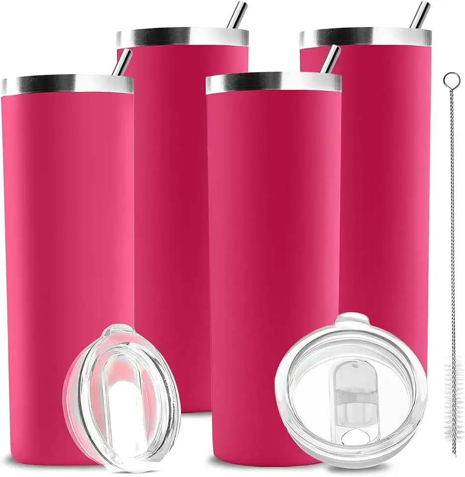 4 Pack 20oz Slim Stainless Steel Tumblers, Insulated Skinny Travel Cups with Straw, Bulk Thin Tumbler Set for DIY Gift(Hot Pink)