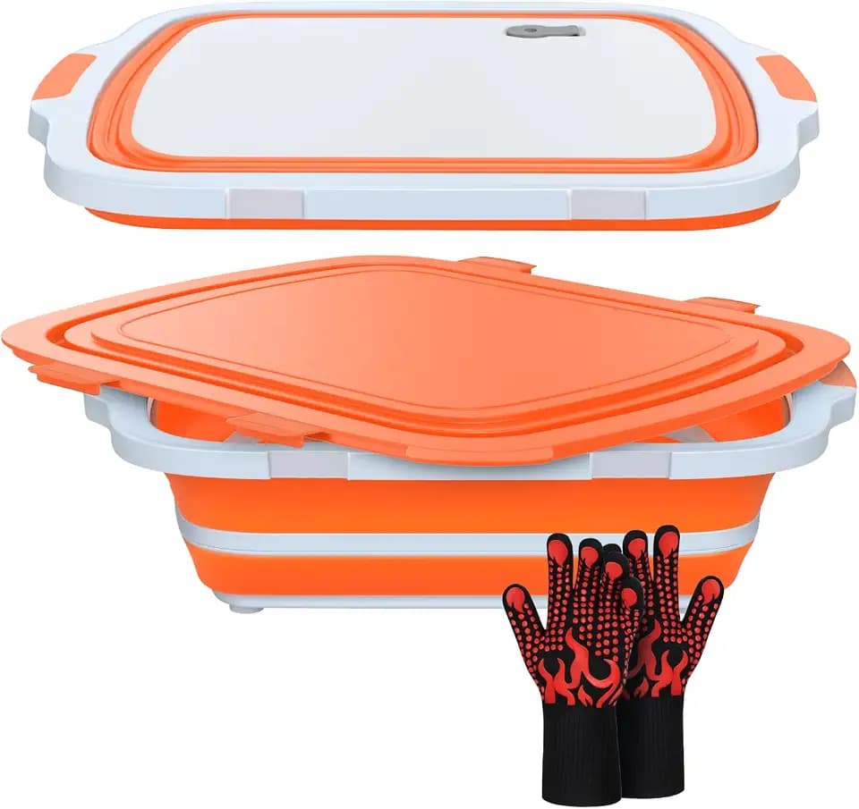 XL Collapsible BBQ Prep Tub with Cutting Board & Drain Plug – Portable Food Prep Station for Kitchen, Camping & Grill – Dishwasher Safe, Space-Saving Design – Heat-Resistant Glove Included (Orange)