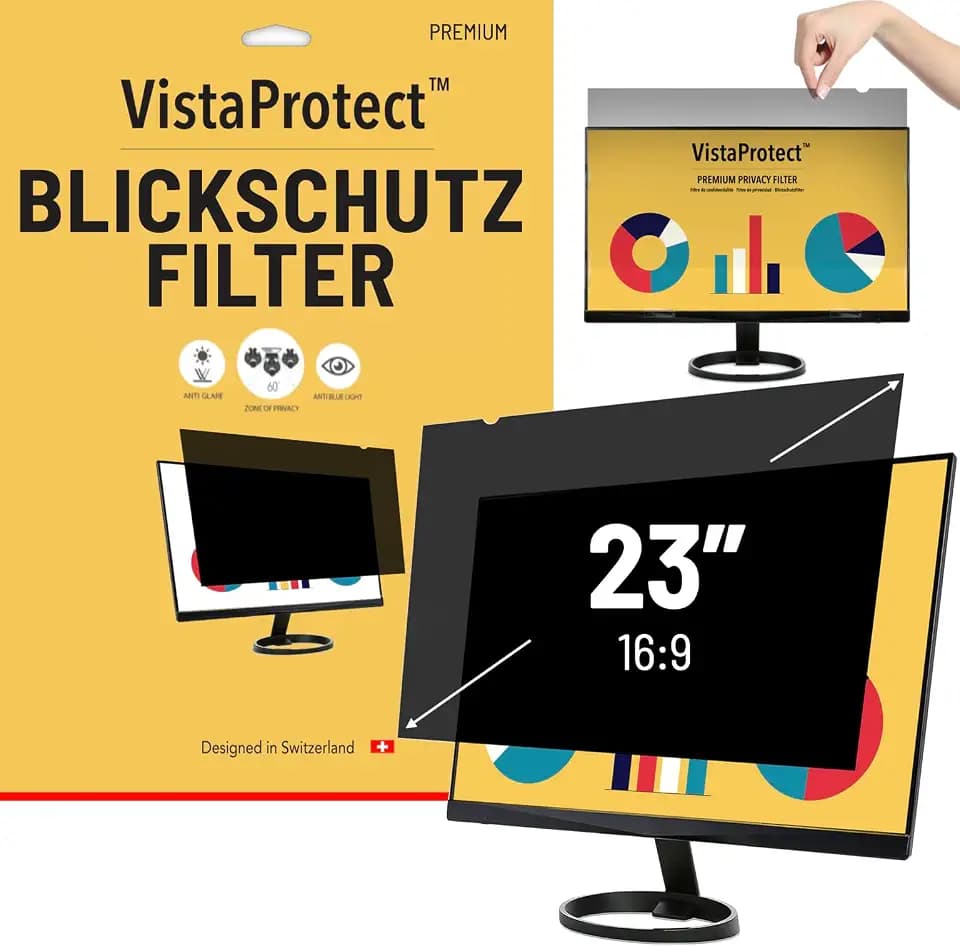 VistaProtect – Premium Blickschutzfilter & Anti-Blaulichtfilter, Privacy Filter Anti Blue Light Blickschutzfolie für Computermonitore (23" Zoll)