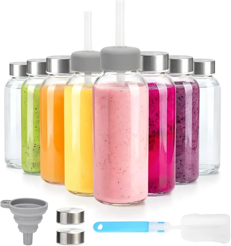 Zukro Clear Glass Juice Bottles with Stainless Steel Lids 12 oz Leak Proof
