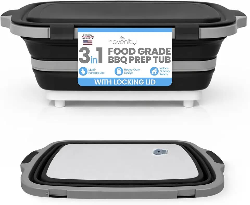 BBQ Prep Tub 16L - Multifunctional Collapsible Camping Cutting Board with Upgraded Locking lid, Meat Storage Container for Meal Prep, Dish Basin Bowl Perfect for Grilling, Outdoor Cooking XL