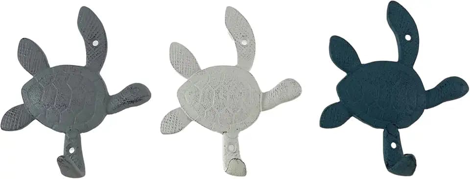 Zeckos Set of 3 Sea Turtle Wall Hooks, 5.75 Inch Blue Gray White Cast Iron