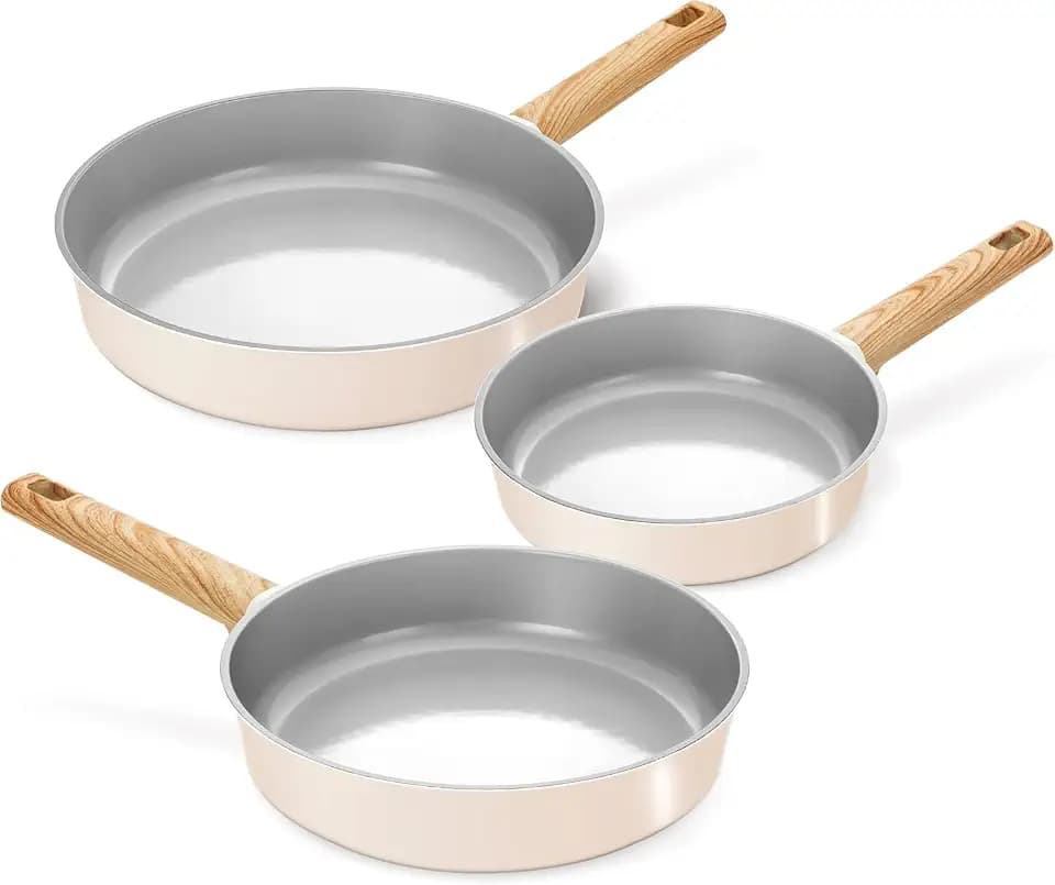 KOCH SYSTEME CS Non Stick Frying Pans Set 3 Piece, Nonstick Ceramic Frying Pans Heat-Resistant Handle, 8" 9.5" 11" Non Toxic Cooking Pan Set, Induction Compatible Skillet, Dishwasher Safe, Cream White